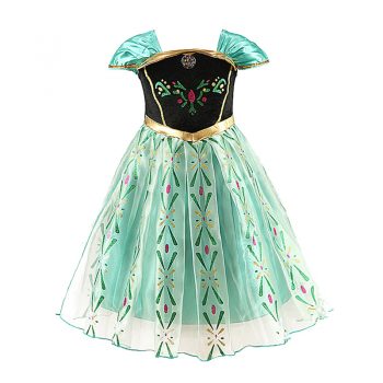 Anna Princess Dress for Baby Girls Green Dress Cosplay Kids Clothes Floral Anna Party Embroidery Shoulderless Queen Elsa Costume