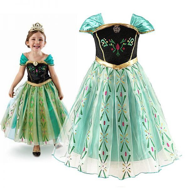 Anna Princess Dress for Baby Girls Green Dress Cosplay Kids Clothes Floral Anna Party Embroidery Shoulderless Queen Elsa Costume