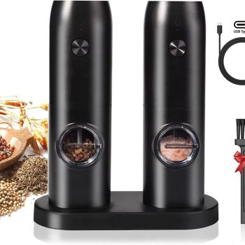 Electric Salt and Pepper Grinder Set | USB Rechargeable Base | 2pcs Automatic Mill Sets with LED Light & Cleaning Brush | One Hand Operation Adjustable Coarseness Spice Grinder